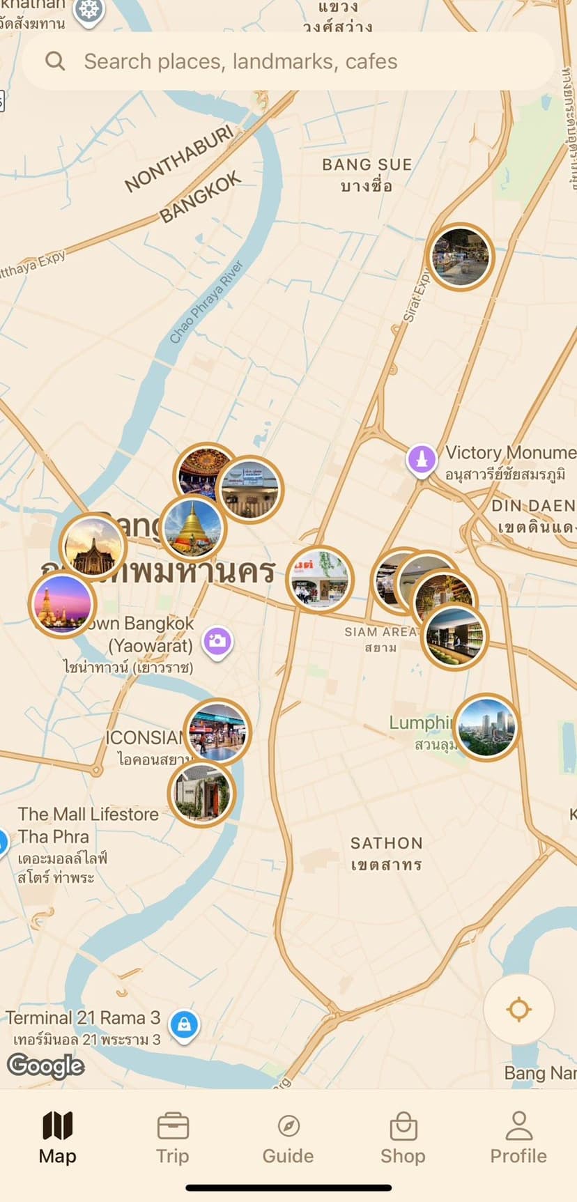 Wander App Interface - Bangkok Map View